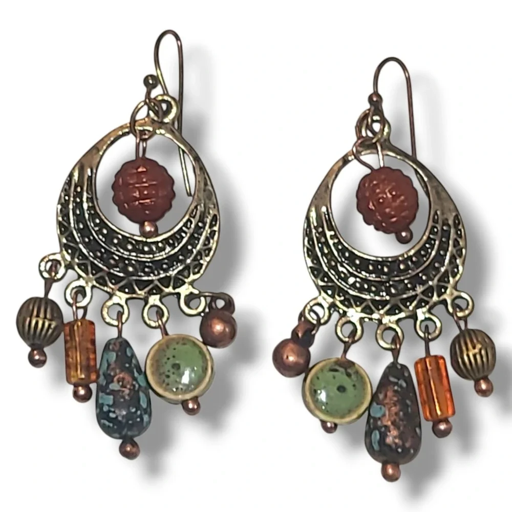 Gold Tone Boho Dangle Earrings Beaded Tribal Festival Artisan Style - Picture 2 of 3